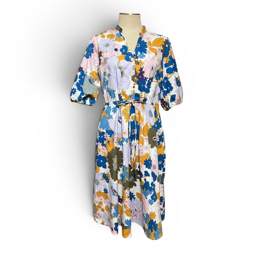 52Seven Short Puff Sleeve Midi Dress Blue Pink Gray Floral 12